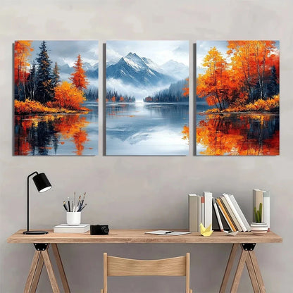 3pcs Autumn Lake Vibrant Fall Foliage & Mountain Wall Art Set Canvas Framed 60x90cm - High Quality Print 100% Australian Made Wall Canvas Ready to Hang - Bella Home Decor
