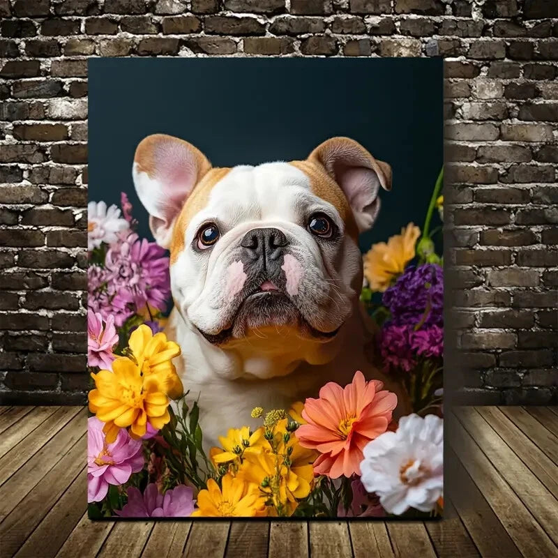 Flowers And Plants Cute Bulldog Dog Painting 40x60cm Metal Print Ready to Hang - Bella Home Decor