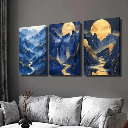 3pcs Gilded Mountains Bright Moon and Rivers Wall Art Canvas Unframed - High Quality Print 100% Australian Made Wall Canvas - Bella Home Decor