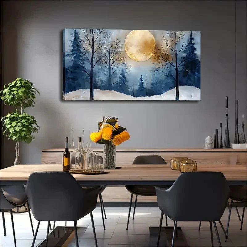 Covered Forest & Moon Snow Wall Art Canvas Office Home Room Framed 120x60cm