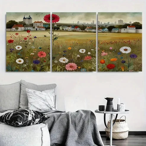 3pcs Wildflower Field Village Botanical Meadow Wall Art Canvas Unframed - High Quality Print 100% Australian Made Wall Canvas