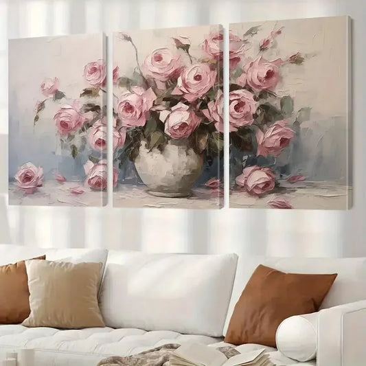 3pcs Pink Roses Floral Vase Abstract Canvas Framed 40x60cm - High Quality Print 100% Australian Made Wall Canvas Ready to Hang