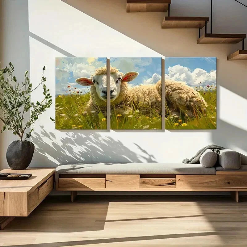 3pcs Pastoral Sheep Vibrant Wildflowers Metal Print Ready to Hang Art - Bella Home Decor