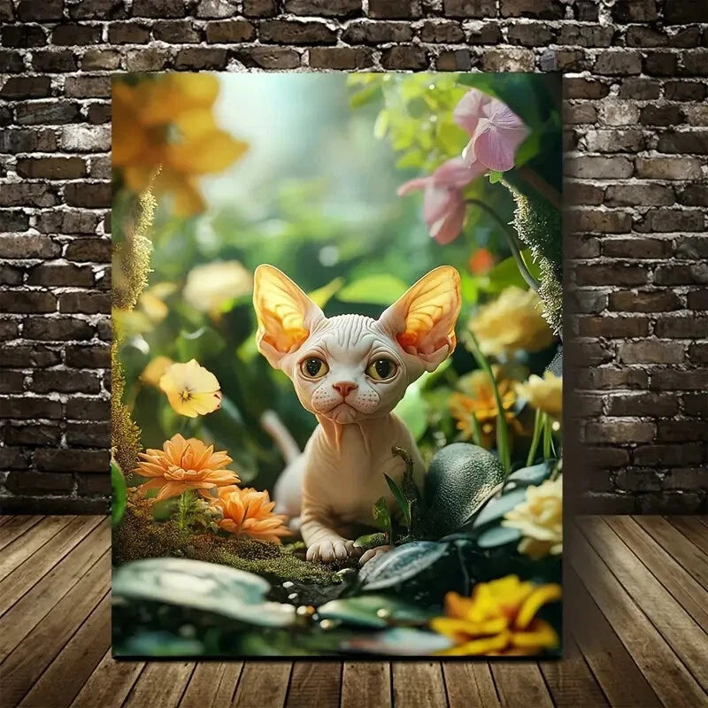 Cute Sphynx Kitten with Vibrant Flowers Painting 40x60cm Metal Print Ready to Hang - Bella Home Decor