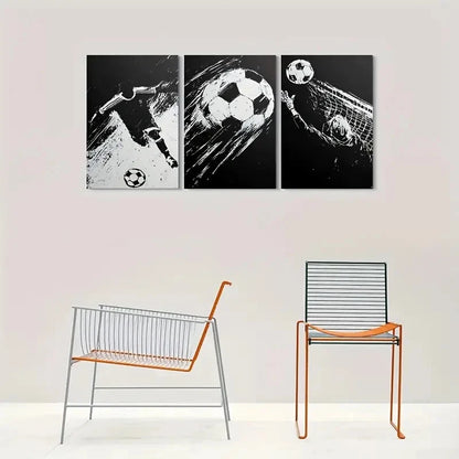 3pcs Black & White Soccer Dynamic Football Metal Print Ready to Hang Art - Bella Home Decor