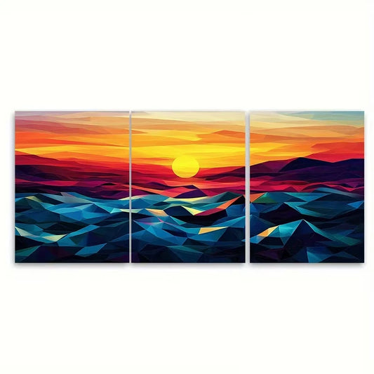 3pcs Abstract Sunset Horizon, Colorful Waves Metal Print Ready to Hang Art