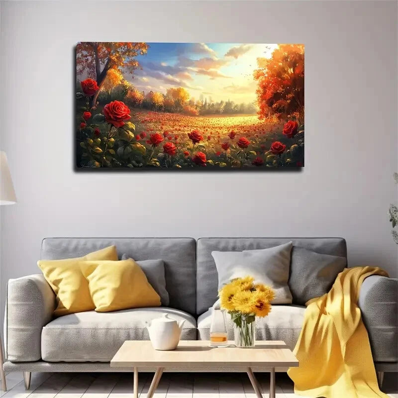 Blooming Red Roses & Autumn Wall Art Canvas Office Home Room Framed 120x60cm - Bella Home Decor