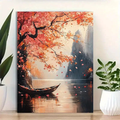 Beautiful Autumn Scenery with Red Leaves Painting 40x60cm Metal Print Ready to Hang