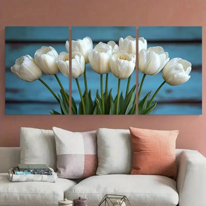 3pcs Elegant White Tulips with Leaves Illustration Metal Print Ready to Hang Art - Bella Home Decor