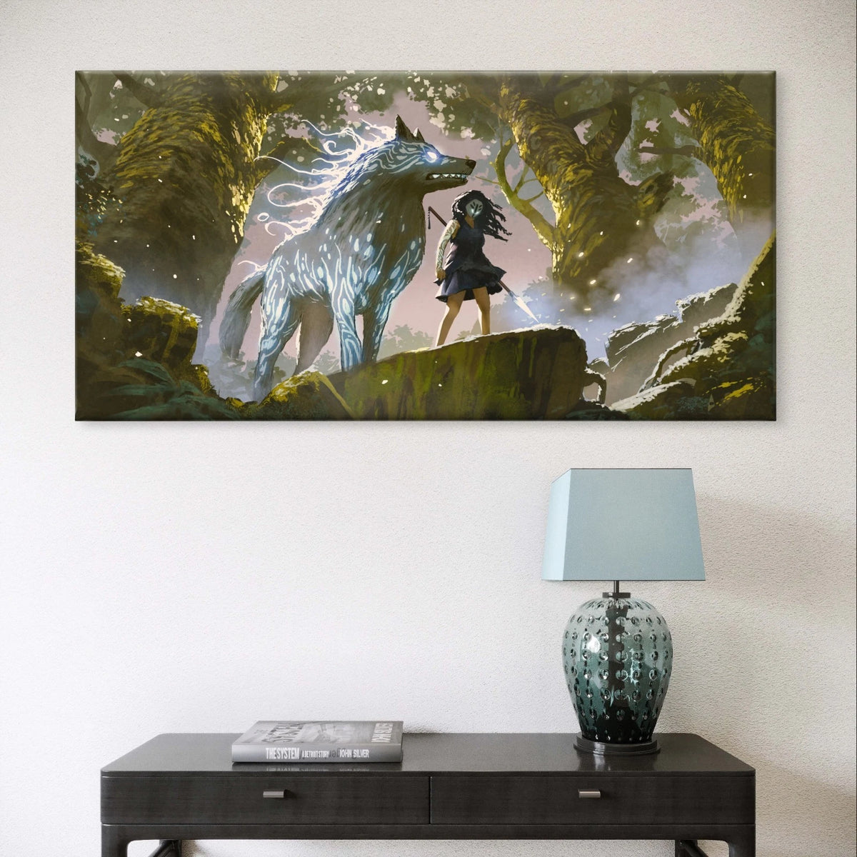 Fantasy Warrior Girl With Wolf Wall Art Canvas Office Home Framed 120x60cm