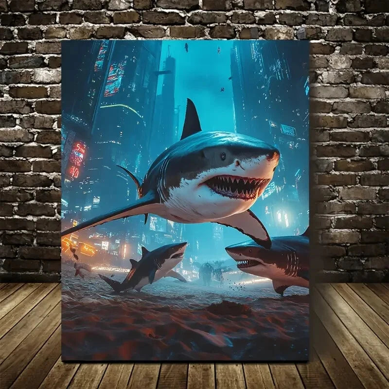 Beautiful Cyberpunk Shark Scene Lighting Painting 40x60cm Metal Print Ready to Hang