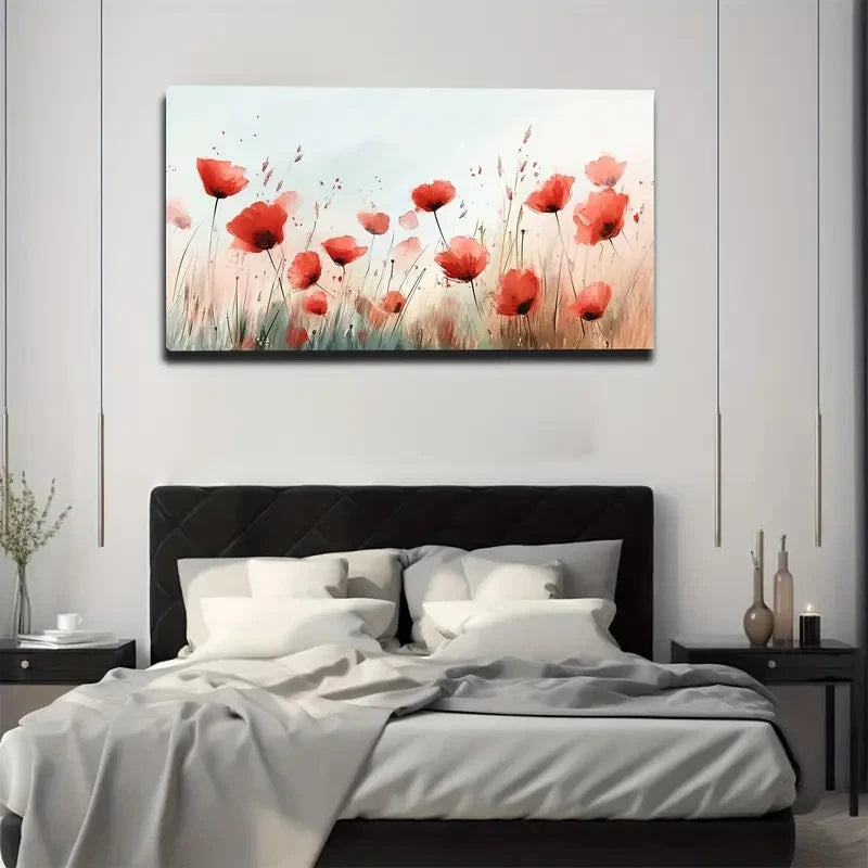 Bedroom with a large floral painting above the bed