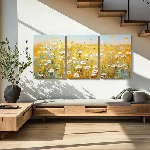 3pcs Daisy Flower Fields Landscape Wall Art Set Canvas Unframed - High Quality Print 100% Australian Made Wall Canvas - Bella Home Decor