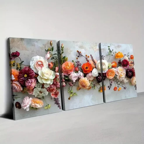 3pcs Vibrant Flowers with Grey Background Wall Art Canvas Unframed - High Quality Print 100% Australian Made Wall Canvas