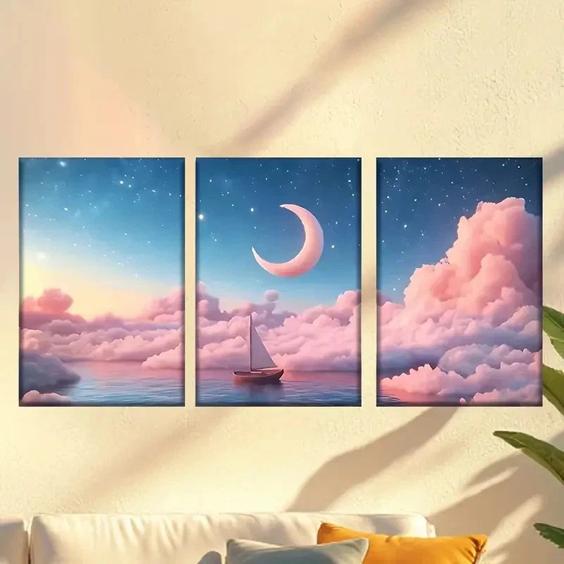 3pcs Serene Ocean Scene with Sailboat Crescent Wall Art Set Canvas Framed 50x70cm - High Quality Print 100% Australian Made Wall Canvas Ready to Hang