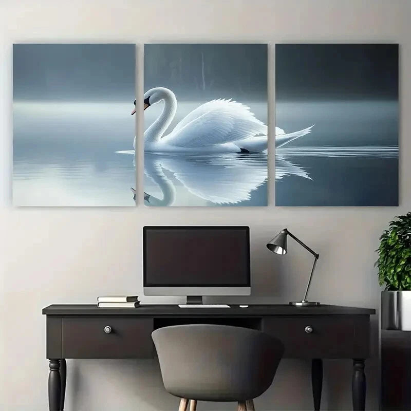 3pcs Elegant White Swan with lake Metal Print Ready to Hang Art - Bella Home Decor