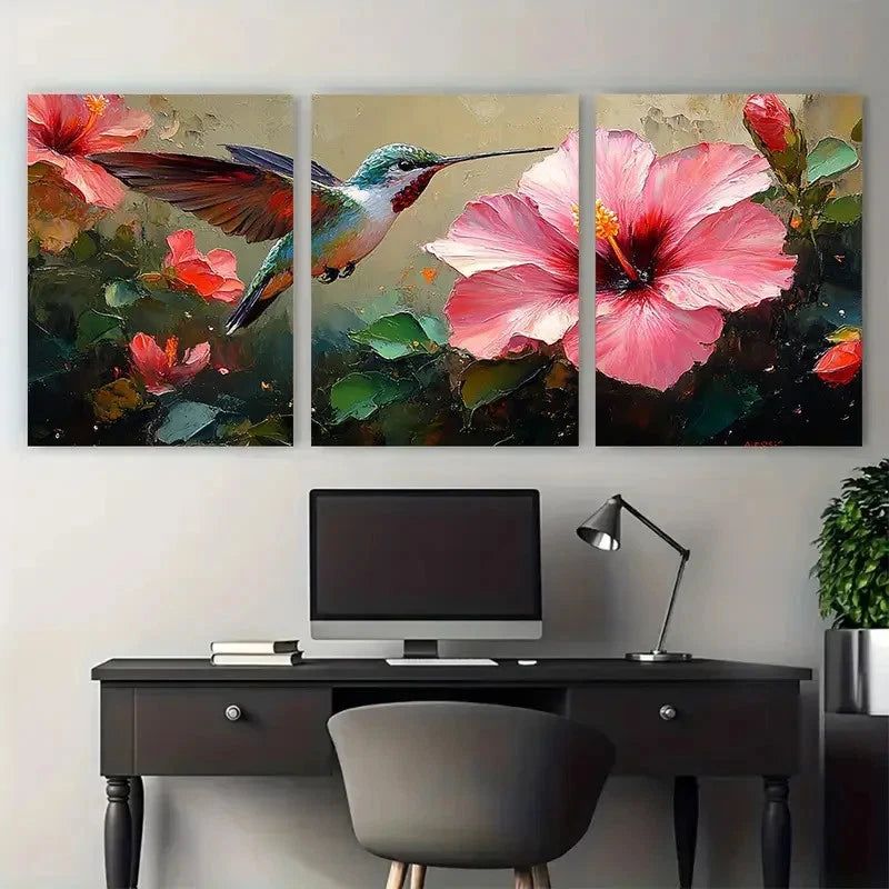 3pcs Hummingbird Hibiscus Florals Impasto Design Metal Print Ready to Hang Art - Bella Home Decor