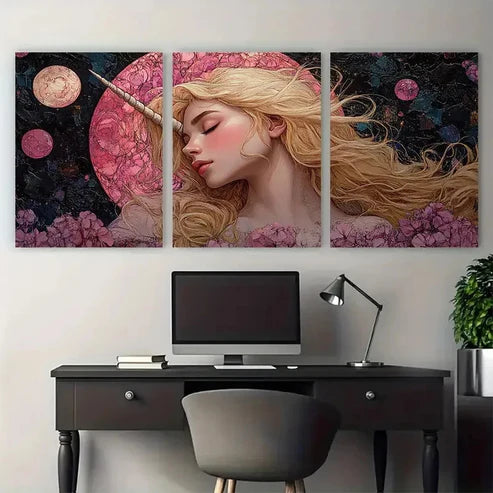 3pcs Pink Unicorn Princess Sleeping Beauty  Wall Art Set Canvas Unframed - High Quality Print 100% Australian Made Wall Canvas