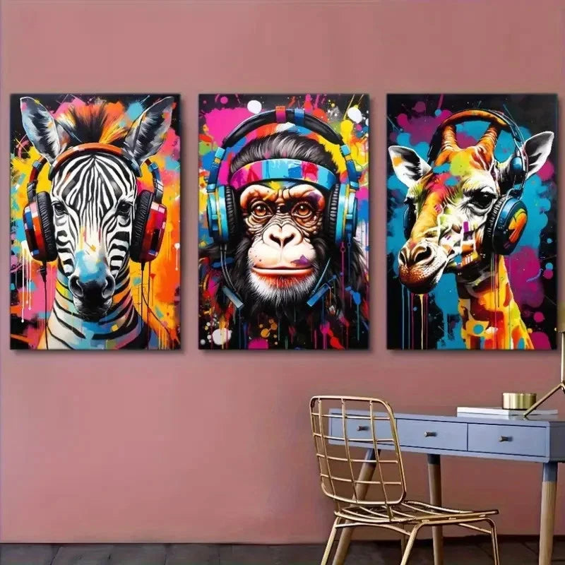 3pcs Headphones Giraffe Zebra Chimpanzee Colorful Metal Print Ready to Hang Art - Bella Home Decor