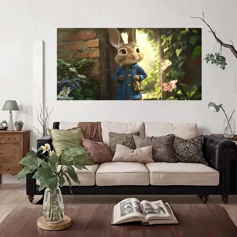 Rabbit In Blue Coat Garden Wall Art Canvas Office Home Room Framed 120x60cm