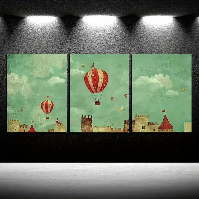 3pcs Vibrant Whimsical Hot Air Balloon Metal Print Ready to Hang Art