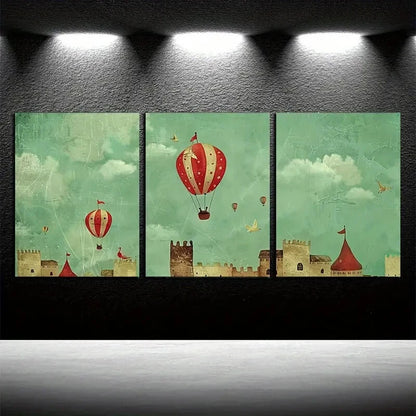 3pcs Vibrant Whimsical Hot Air Balloon Metal Print Ready to Hang Art