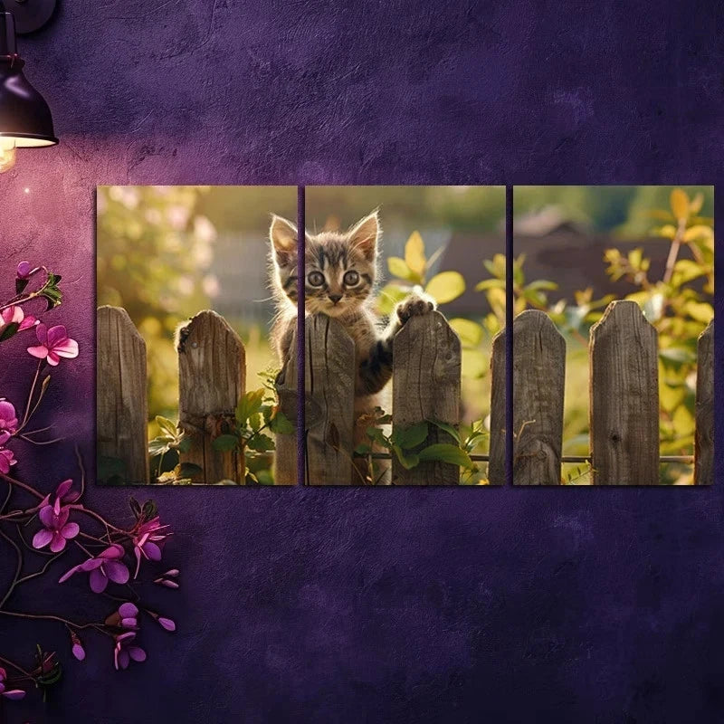 3pcs Charming Kitten at the Fence Metal Print Ready to Hang Art - Bella Home Decor