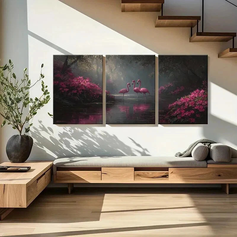 3pcs Artistic Flamingo Pond Tropical Forest Metal Print Ready to Hang Art - Bella Home Decor