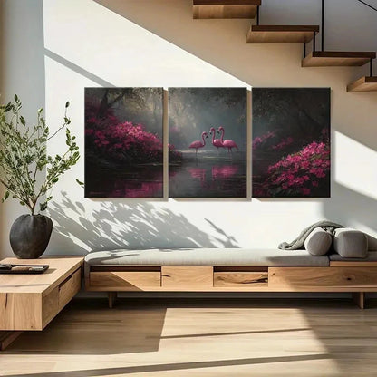 3pcs Artistic Flamingo Pond Tropical Forest Metal Print Ready to Hang Art - Bella Home Decor