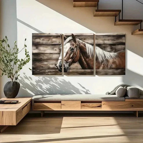 3pcs Horse with White Mane & Wooden Fence Wall Art Canvas Unframed - High Quality Print 100% Australian Made Wall Canvas