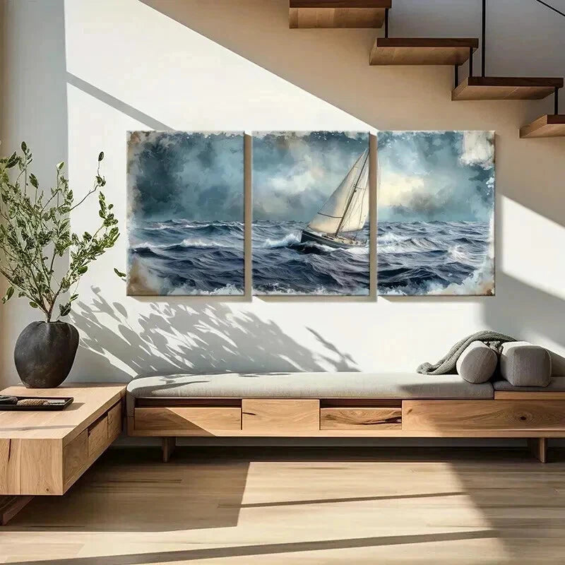 3pcs Sailing Boat Stormy Sea & Dark Clouds Wall Art Set Canvas Framed 60x90cm - High Quality Print 100% Australian Made Wall Canvas Ready to Hang - Bella Home Decor