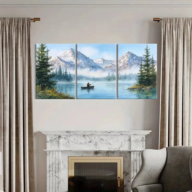 3pcs Alpine Lake Fishing Scene Mountain Metal Print Ready to Hang Art - Bella Home Decor
