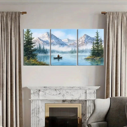 3pcs Alpine Lake Fishing Scene Mountain Metal Print Ready to Hang Art - Bella Home Decor