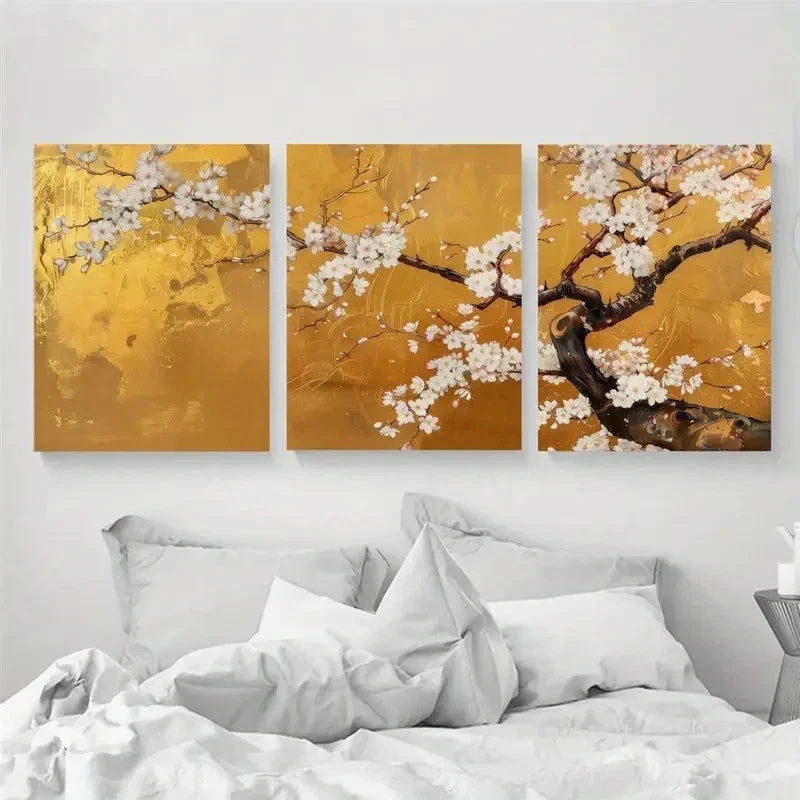 3pcs Japanese Cherry Blossom Golden Perfect Wall Art Set Canvas Framed 50x70cm - High Quality Print 100% Australian Made Wall Canvas Ready to Hang