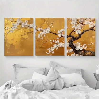 3pcs Japanese Cherry Blossom Golden Perfect Wall Art Set Canvas Framed 50x70cm - High Quality Print 100% Australian Made Wall Canvas Ready to Hang