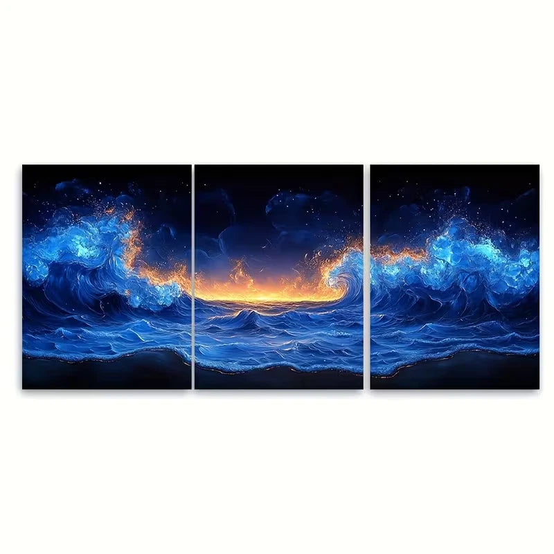 3pcs Tranquil Blue Neon Seascape Metal Print Ready to Hang Art