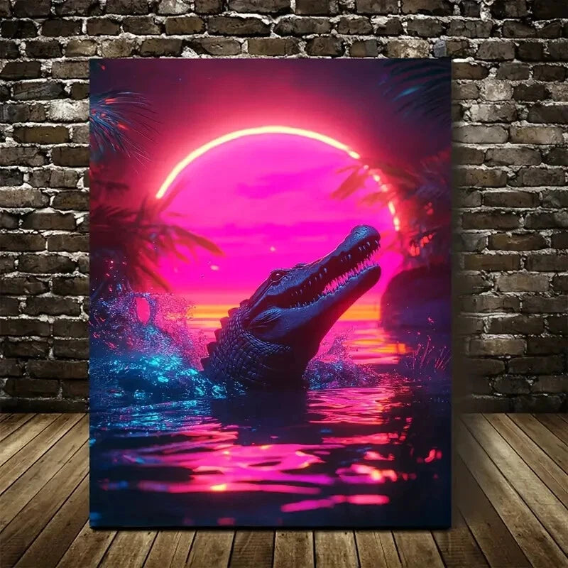Vibrant Cyberpunk Crocodile Scene With Glow Painting 40x60cm Metal Print Ready to Hang - Bella Home Decor