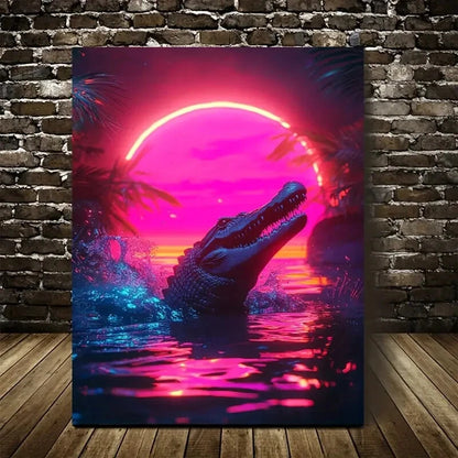 Vibrant Cyberpunk Crocodile Scene With Glow Painting 40x60cm Metal Print Ready to Hang - Bella Home Decor