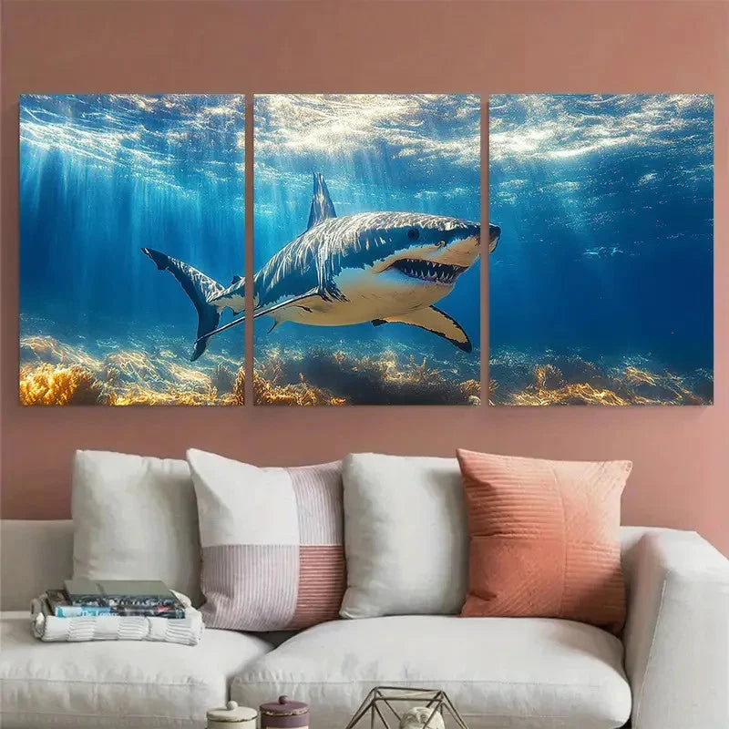 3pcs Shark Underwater with Sunlit Illustration Metal Print Ready to Hang Art - Bella Home Decor