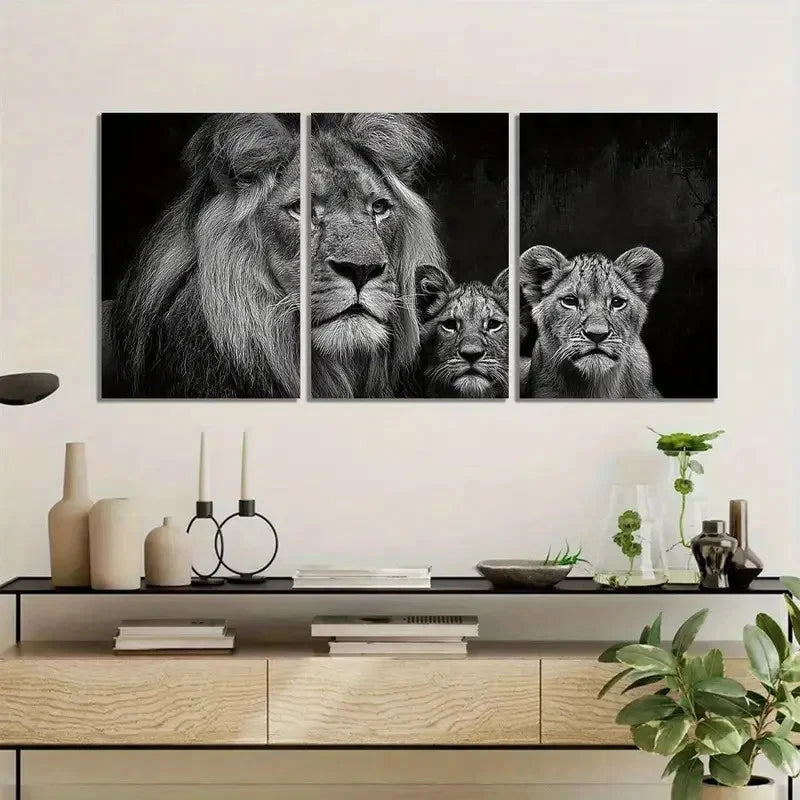 3pcs Black-And-White Portrait of a Lion with Cubs Metal Print Ready to Hang Art - Bella Home Decor