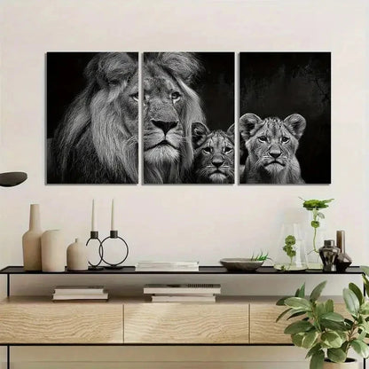 3pcs Black-And-White Portrait of a Lion with Cubs Metal Print Ready to Hang Art - Bella Home Decor