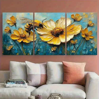 3pcs Daisy Honeybee Flowers with Blue Background Metal Print Ready to Hang Art - Bella Home Decor