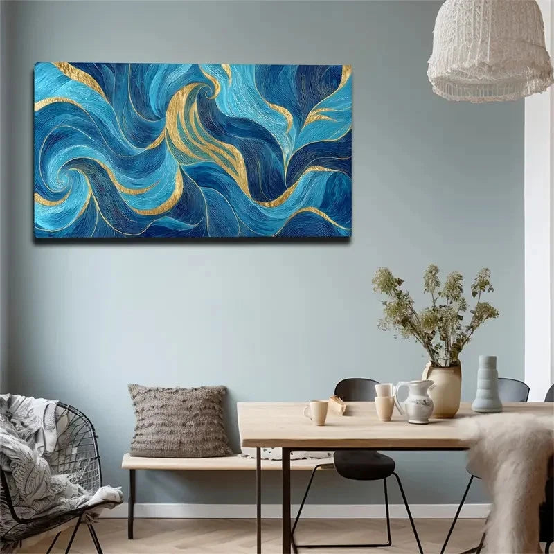 Abstract Blue & Golden Wave Wall Art Canvas Office Home Room Framed 120x60cm