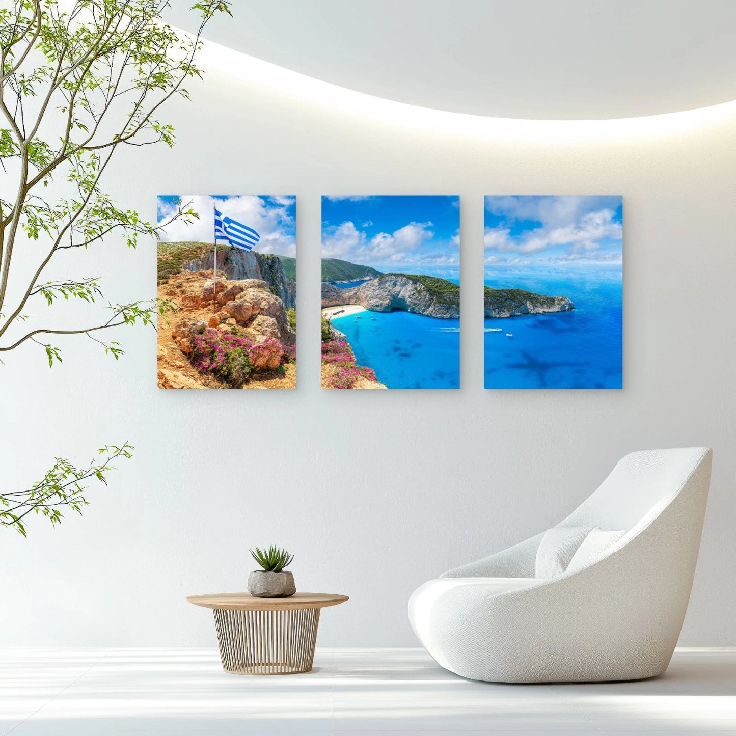 3pcs Greek Flag Flying Above Navagio Bay Wall Art Set Canvas Framed 60x90cm - High Quality Print 100% Australian Made Wall Canvas Ready to Hang - Bella Home Decor