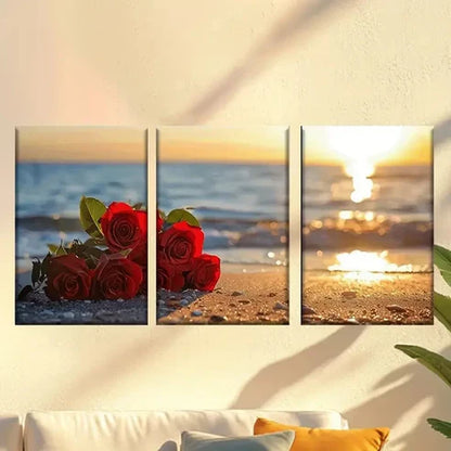 3pcs Couple of Red Roses Sitting on the Beach Wall Art Set Canvas Unframed – High Quality Print 100% Australian Made Wall Canvas - Bella Home Decor