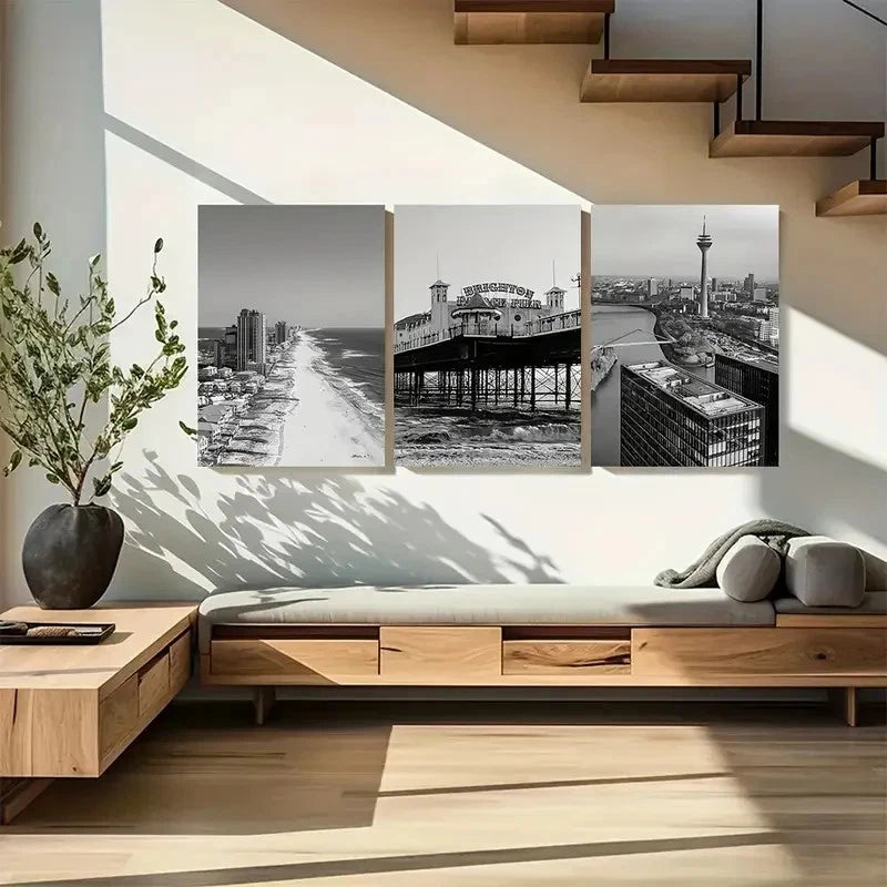 3pcs Black and White Coastal Cityscape Metal Print Ready to Hang Art - Bella Home Decor
