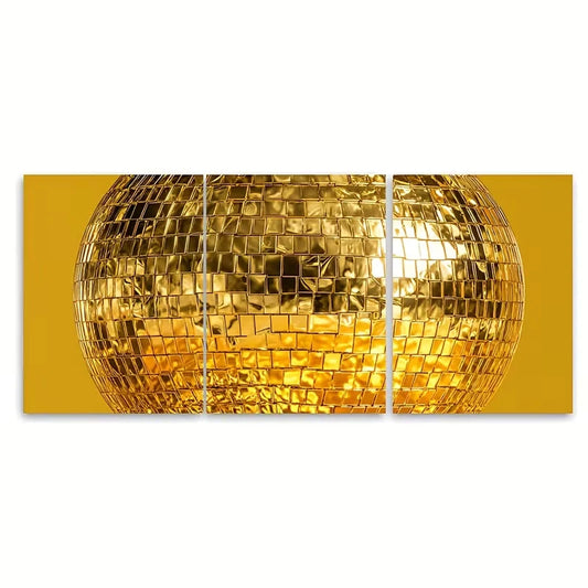 3pcs Golden Retro Disco Ball Metal Print Ready to Hang Art