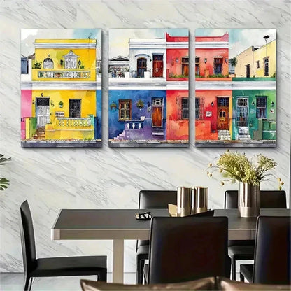 3pcs Painting Colorful Neighbourhood Perfect Wall Art Set Canvas Framed 50x70cm - High Quality Print 100% Australian Made Wall Canvas Ready to Hang