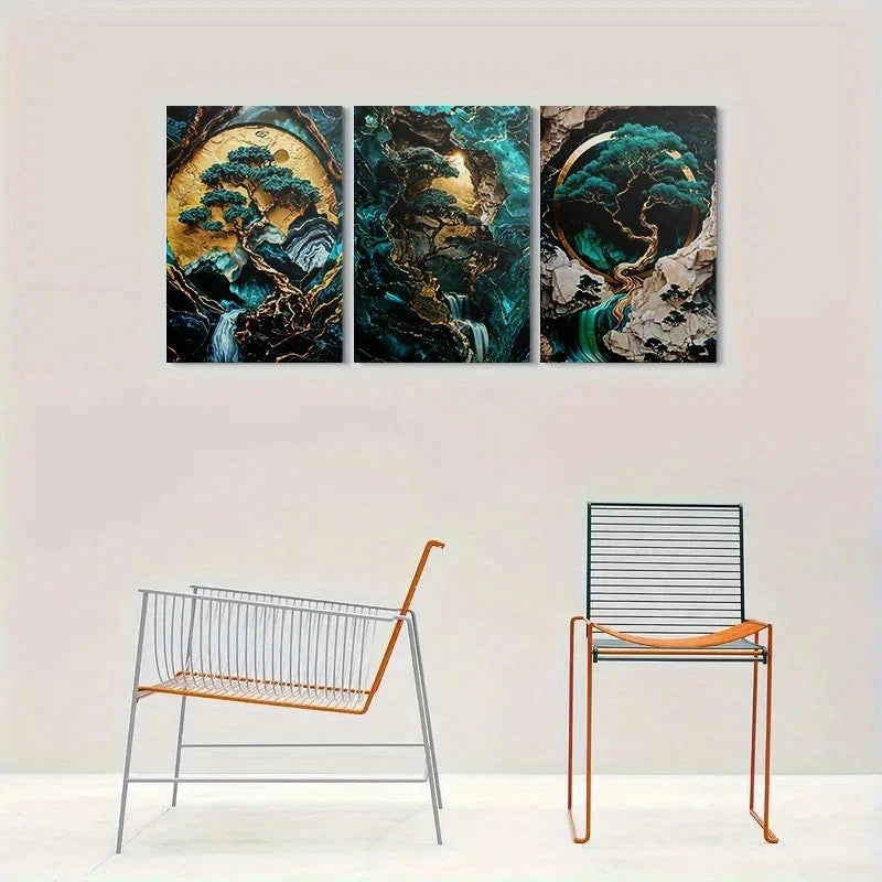 3pcs Modern Tree Landscape Painting Metal Print Ready to Hang Art - Bella Home Decor