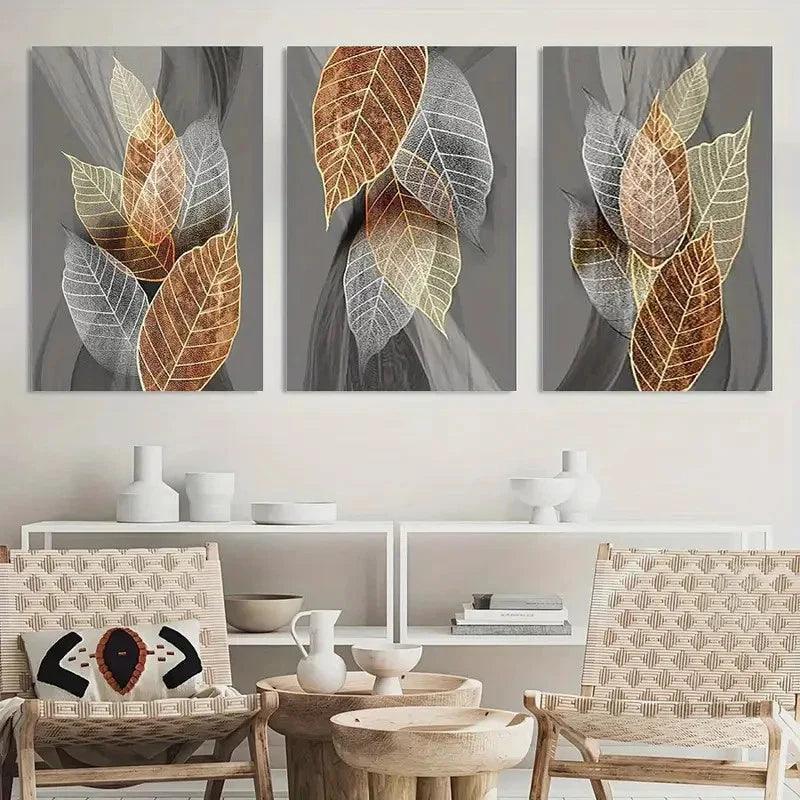 3pcs Black Paintings Abstract Leaves Artwork Metal Print Ready to Hang Art - Bella Home Decor